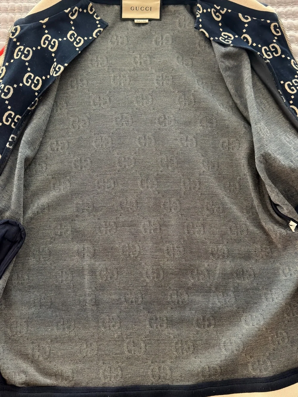 Gucci Navy and Cream GG Logo Track Jacket with Red Shoulder Stripe - Picture 9 of 9